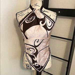 Vintage Y2K Bebe Silk Blend Multi Color Reversible Halter Handkerchief Tie Top